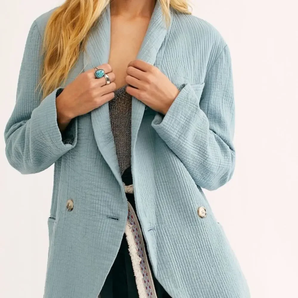 FREE PEOPLE Rowan Double Breasted Gauze Oversized Blazer Sage Blue Sz M {P28}